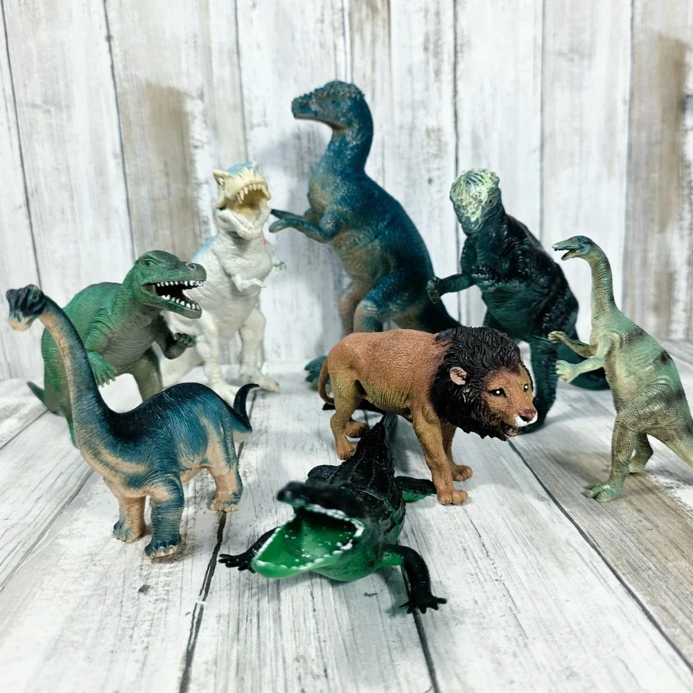 Vintage Style Dinosaur and Wild Animal Toy Figure Lot T-Rex Lion Crocodile 8pc